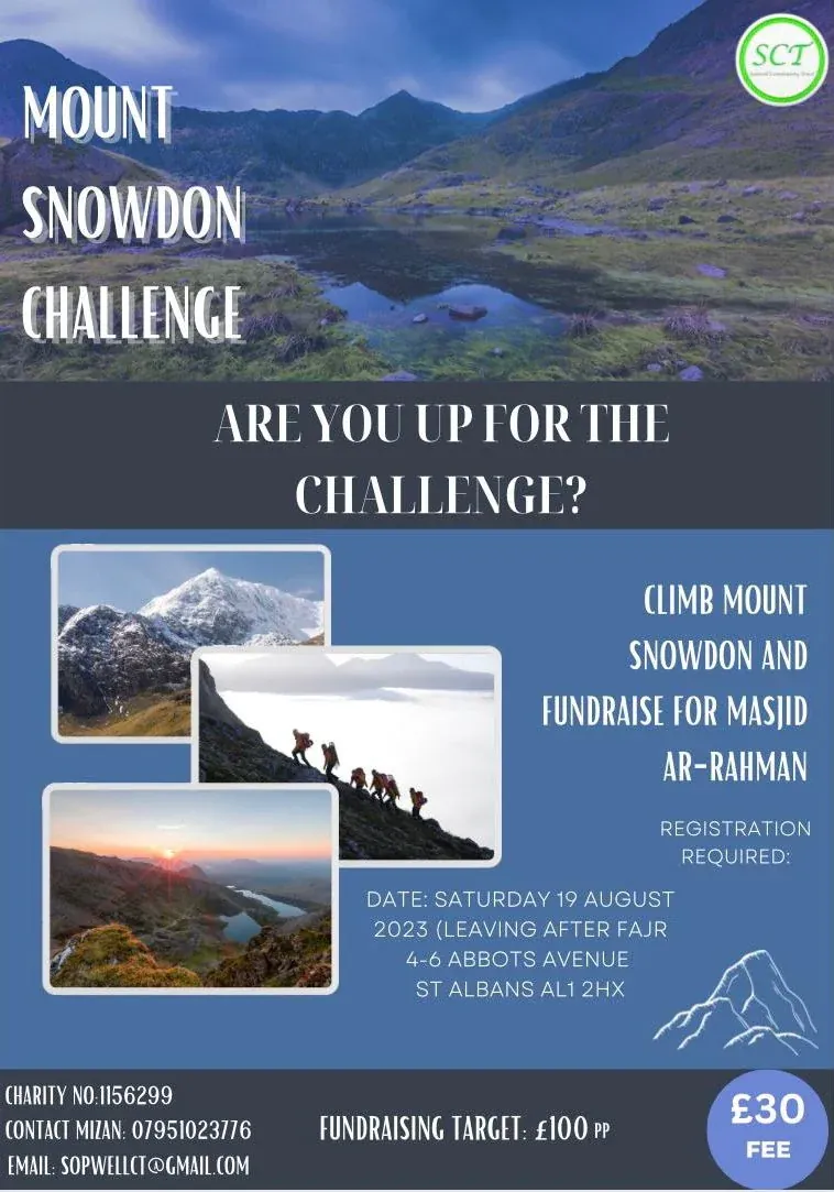 Sopwell Community Trust poster for the Mount Snowdon fundraising challenge on 19 August 2023